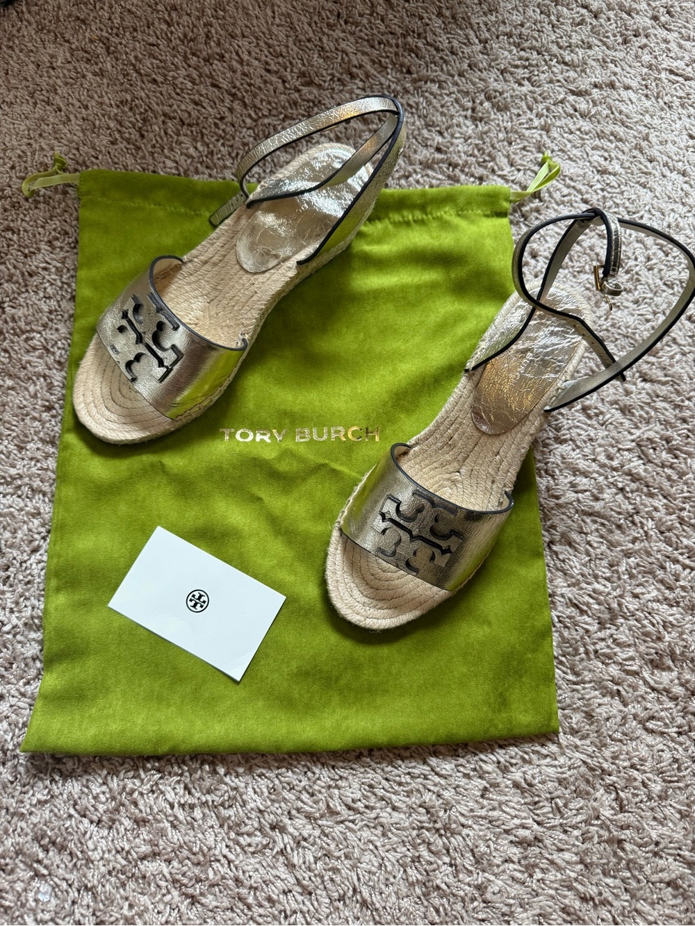 Tory Burch Metallic Gold Logo Espadrille Slingback Sandals